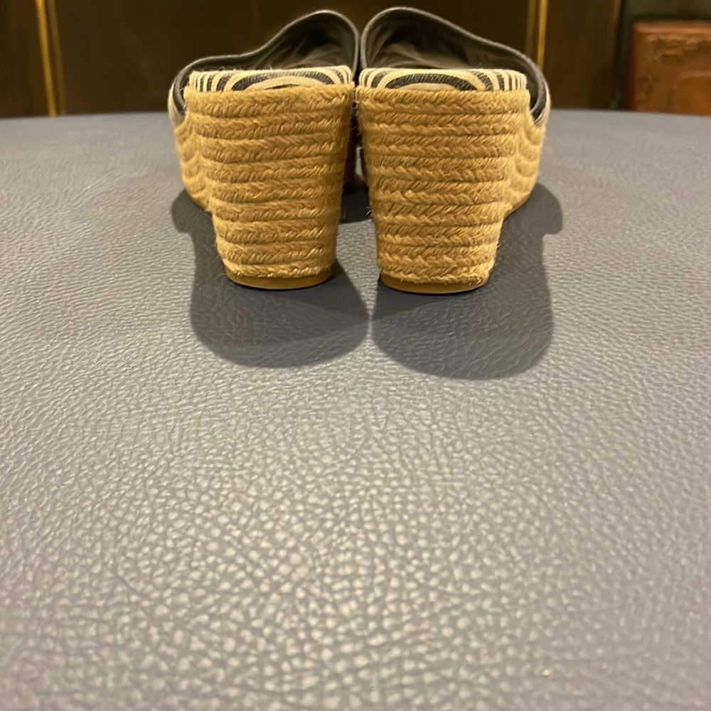 Tory Burch Navy and Ivory Striped Canvas Logo slide Rope Wedges Size 8 - Picture 5 of 8